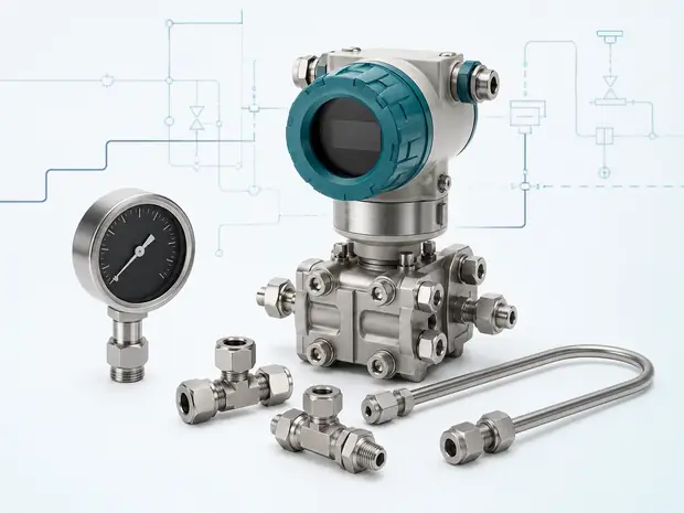 Differential pressure transmitter with gauge, manifold and instrument tube fittings